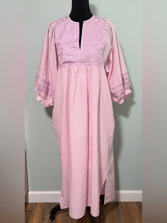 J. MARIE Puff Sleeve Gingham Embroidered Maxi Dress - Large - Picture 1 of 6